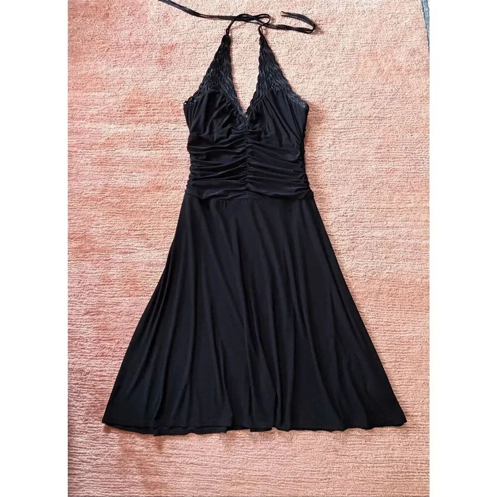 ALGO Black Halter Ruched Lace Trim Midi Dress Size 10